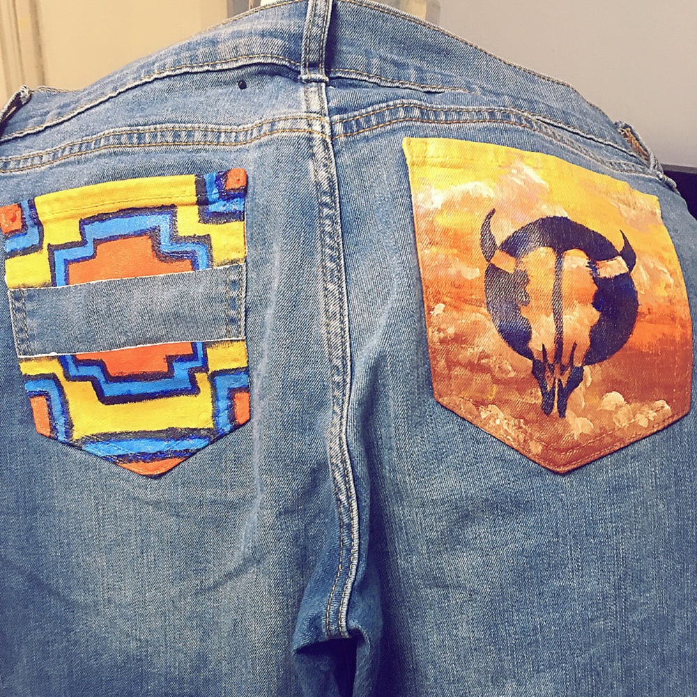 Custom hand painted jeans southwestern print